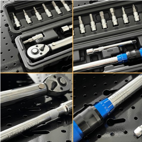 Klucz dynamometryczny rowerowy 2-24 Nm 1/4" zestaw nasadek 15 elementów Klucz dynamometryczny rowerowy 2-24 Nm 1/4" zestaw nasadek 15 elementów