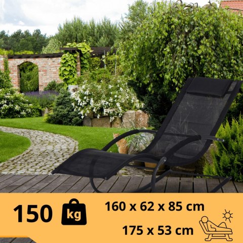 Leżak Bujany OGRODOWY 175cm 150kg Nowoczesny Fotel Leżanka Czarny Metalowy Leżak Bujany OGRODOWY 175cm 150kg Nowoczesny Fotel Leżanka Czarny Metalowy