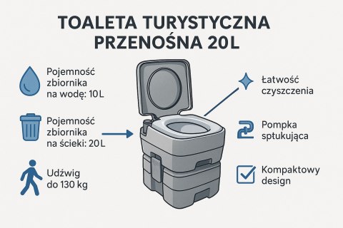 Toaleta turystyczna przenośna 20l ze spłuczką do kampera działki namiotu Toaleta turystyczna przenośna 20l ze spłuczką do kampera działki namiotu